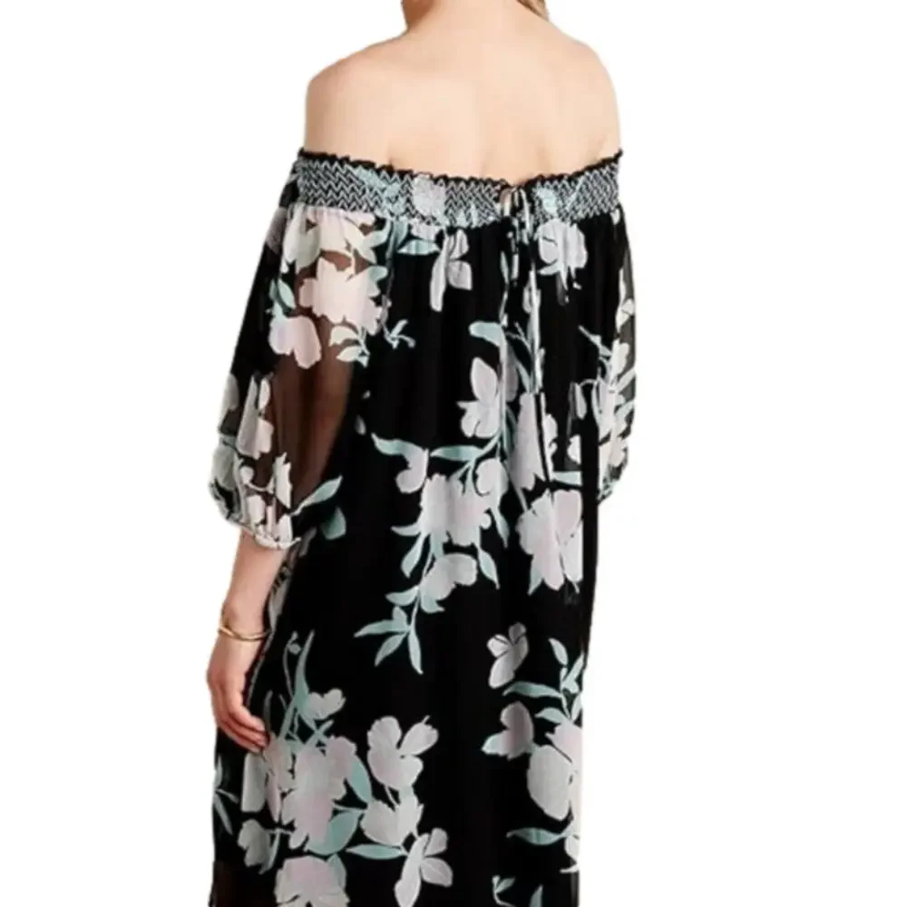 Maeve Black Floral Off-Shoulder Dress Small NWT Boho 70s Flowy Festival Tropical - Picture 3 of 9